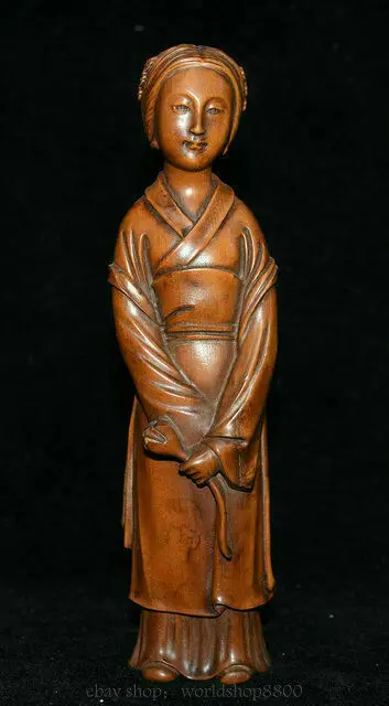 7.6" Old Chinese Boxwood Wood Hand Carved Dynasty Palace Beauty Woman Statue