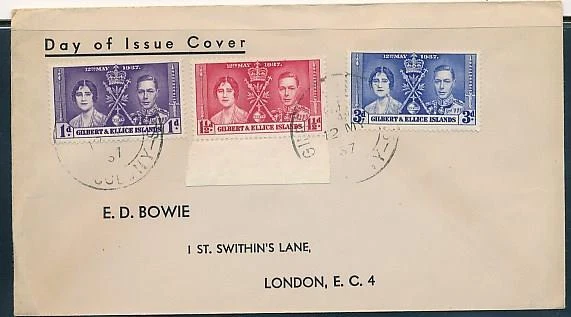 GILBERT & ELLICE 1937 KGVI CORONATION Sc 37-39 VF FDC
