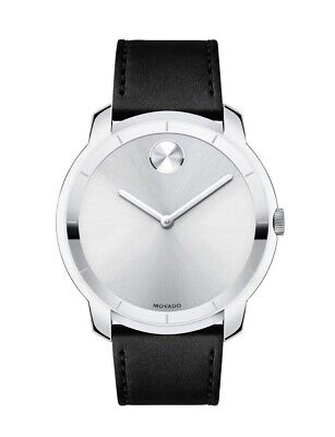 Brand New Movado Bold Men’s 44mm Silver Dial Black Leather Strap Watch 3600468