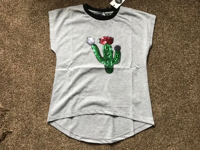 Boohoo girls cactus sequin t shirt top grey Aged 7/8 yrs Bnwt 122-128 cm