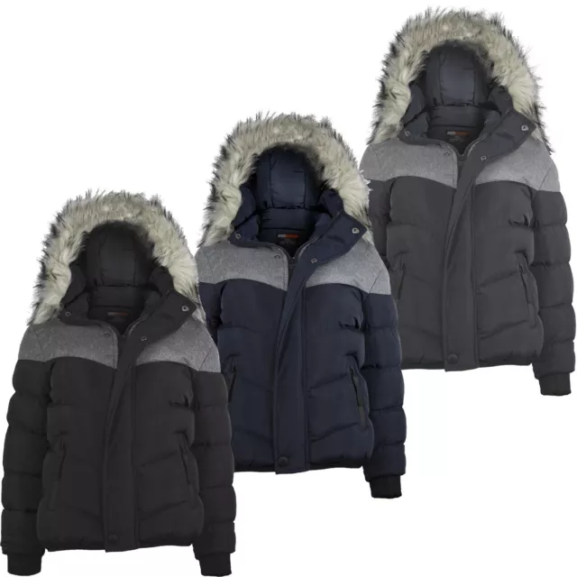 Boys Winter Fleece Jacket Padded Contrast Insert Teen Detach Hood Coat 3-14 Y