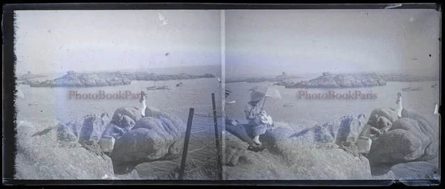 FRANCE Family Holidays Mer c1920 NEGATIVE PHOTO Stereo Glass Plate VR22L14n