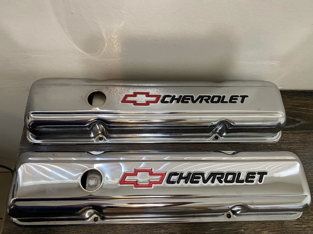 Pair Of Chrome Valve Cover Chevrolet Short Block V8 Red Bow Tie