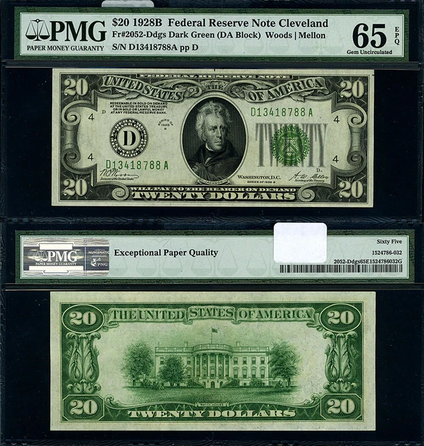 FR. 2052 D $20 1928-B Federal Reserve Note Cleveland D-A Block Gem PMG CU65 EPQ