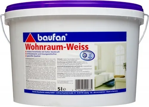Baufan Wohnraum-Weiss 5L Waschbeständige Pintura de Emulsión Blanco din En