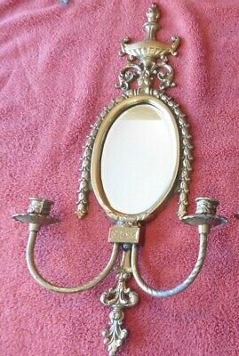 Vtg Solid Brass Wall Sconce Double Candle Stick Holder frames w/ Mirror 24"