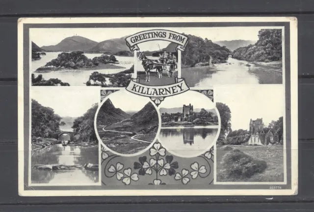 Vintage multi view postcard Greeetings from Killarney. pmk Cillairne 1951