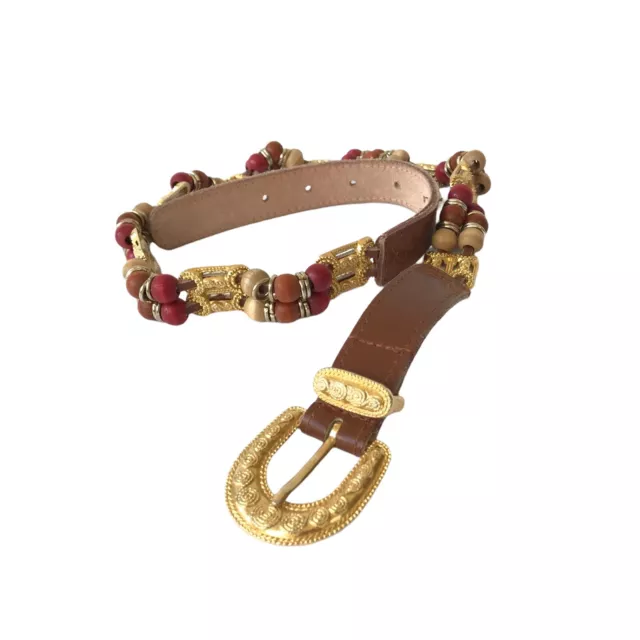 Express Women Brown Belt Size M Wood Beads Buckle Genuine Leather Boho bohemian