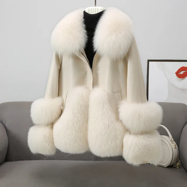 WOMEN'S WINTER FOX Fur Coat White Duck Down Fur Leather Thicken Warm ...