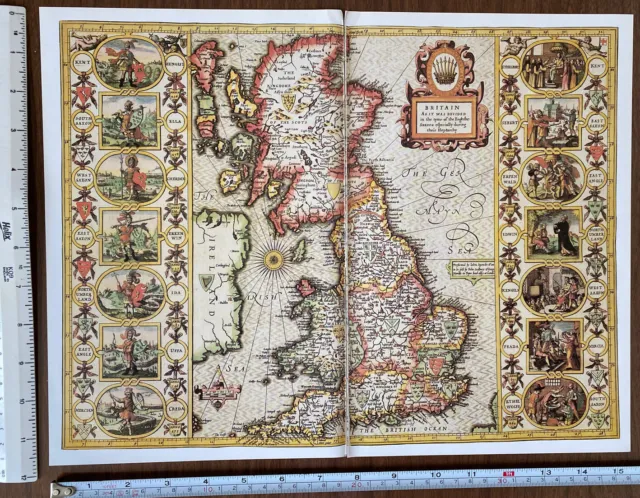 Old Antique Tudor Picture map British Isles Britain: Speed 1600s Reprint