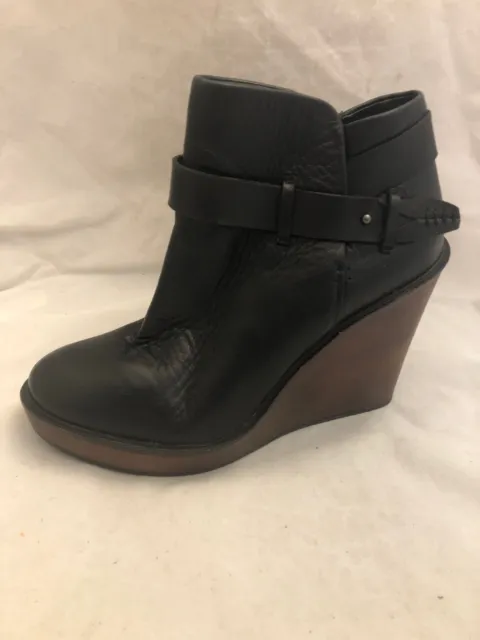 Dolce Vita Women's Black Colie Leather Brown Wood Wedge Ankle Boots Size 9.5