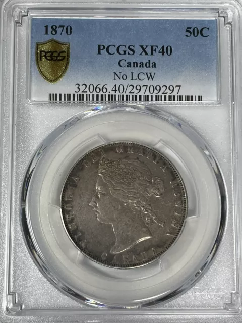 1870 Canadian 50 Cents No LCW, PCGS graded XF-40, Rare, Graded Population = 7