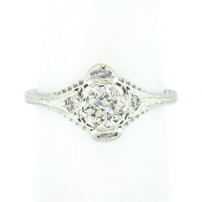 Antique Art Deco 18k Gold European Diamond Solitaire Engagement Ring w/ Filigree