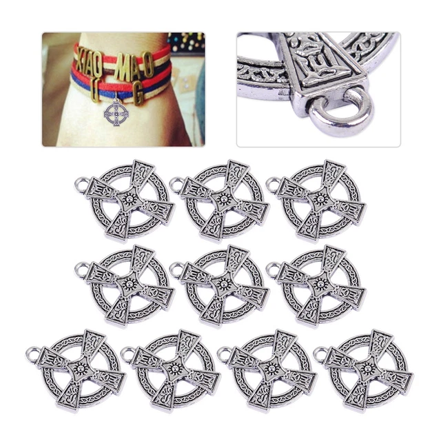 10pcs Antique Silver Tone Round Cross Pendant Necklace Charms Crafts Findings
