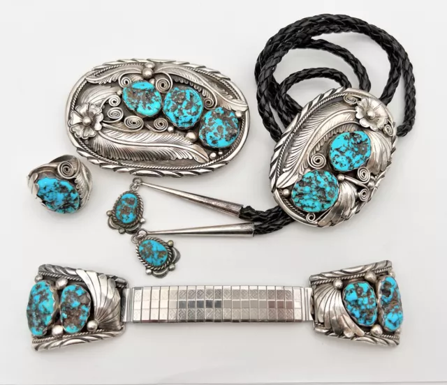 Ray Yazzie Navajo Sleeping Beauty Turquoise Sterling Bolo Ring Watch Buckle Set