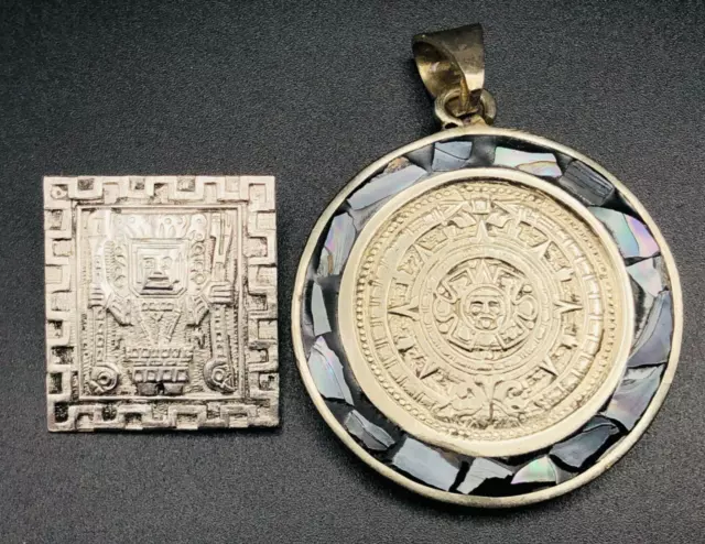 2 x Vintage Aztec Mayan Calendar Pendant Sterling Silver Mexico Taxco 36.8 gram