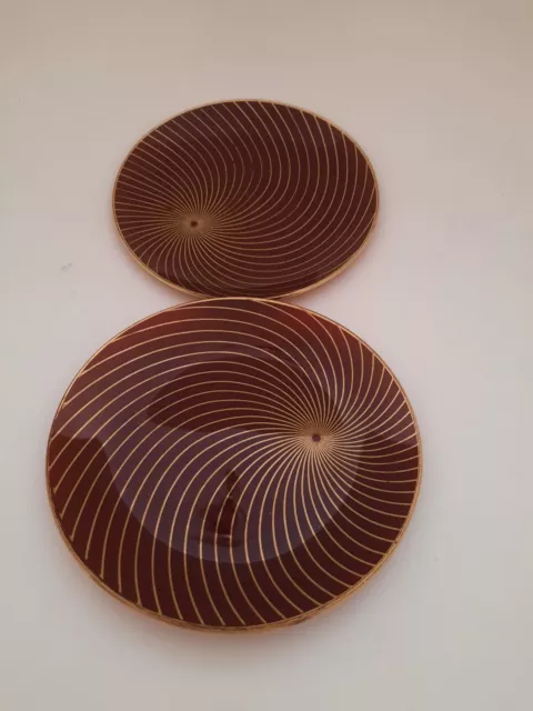 Pair Of Vintage Retro Rare Red Glass Side Plates Gold Swirl Pattern