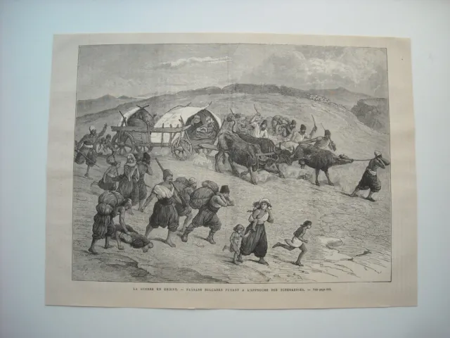 Gravure 1877. Guerre D’orient. Paysans Bulgares Fuyant A L’approche Tcherkesses.