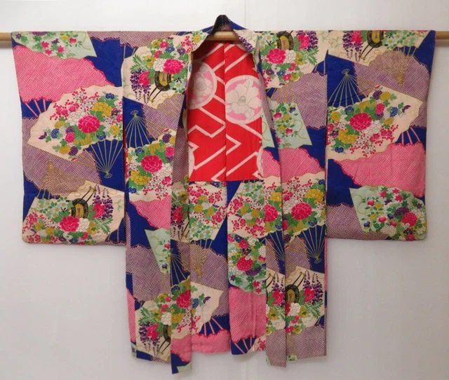 2029T05z450 Antique Japanese Kimono Silk LONG HAORI Folding fan Royal blue