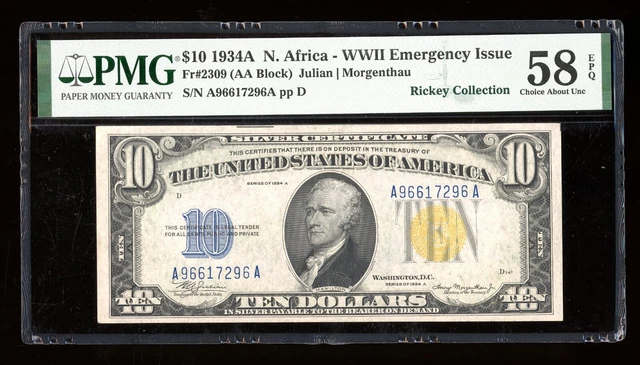 DBR 1934-A $10 North Africa Silver Fr. 2309 PMG 58 EPQ Serial A96617296A