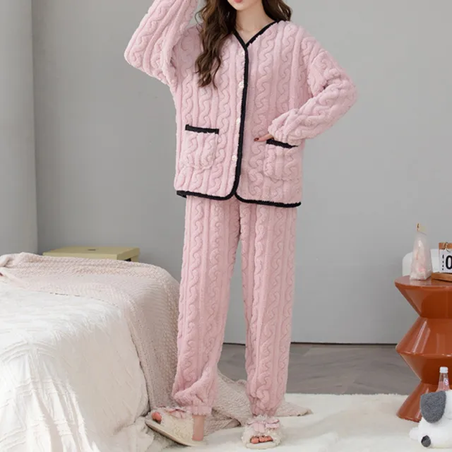Womens Sleepwear Flannel Pajamas Set Button Down Nightwear Daily Wear Outfit
