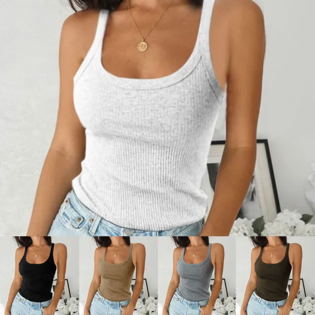 WOMENS CASUAL SUMMER Plain Ribbed Cami Vest Camisole Stretchy Tank Tops  T-Shirt $14.15 - PicClick