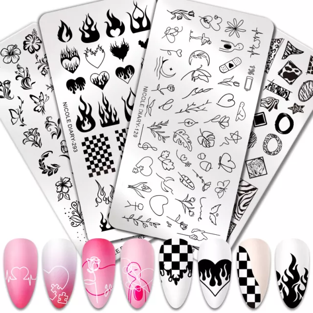 NICOLE DIARY Nail Stamping Plates Rectangle Stainless Steel Leaf Flower NailArt