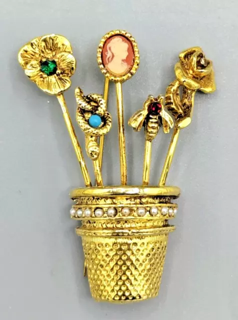 Vintage Gold Thimble Flowerpot Brooch Pin Stickpins Bee Snake Cameo Flowers