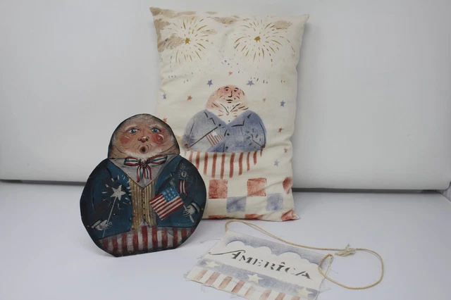 Vintage Christopher Gurshin Patriotic pillow,tin cut out, door knob hanger