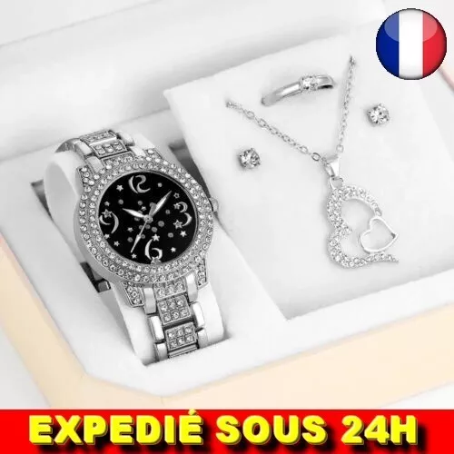 ✅Ensemble 5PCS Montre Quartz Bague Collier Boucle d'oreilles Strass Bijoux Femme