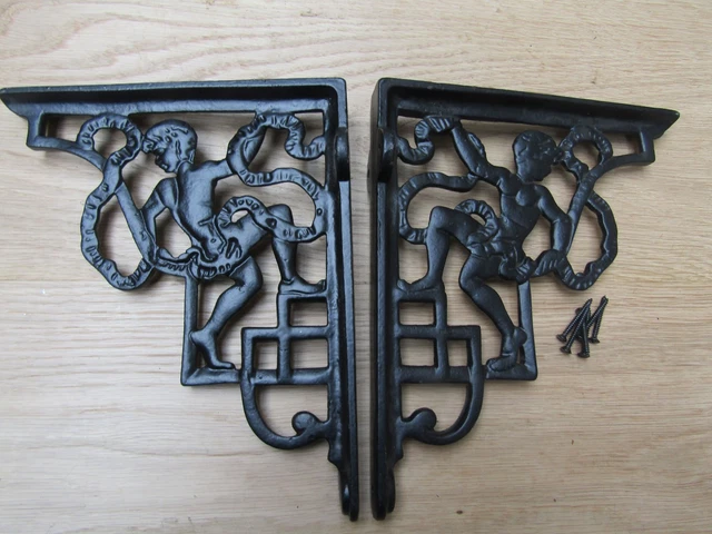 PAIR OF CHERUB BLACK  cast iron rustic shelf support wall brackets