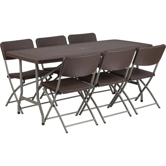 Flash Furniture Commercial-Grade Plastic Rattan Folding Table and 6-Pc. Chair