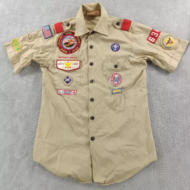 Vintage Boy Scouts Of America BSA Official Uniform Shirt Men Sz S Patchwork Tan