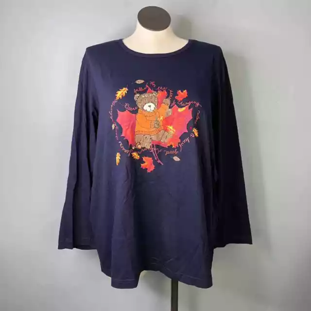 Fashion Bug Fall Autumn Teddy Bear Navy Blue Long Sleeve T-Shirt Plus Size 2X