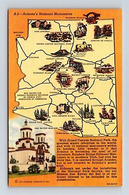 Postcard AZ Arizona State Map Showing National Monuments c1940s B45