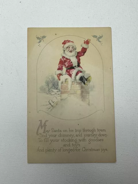 Unposted Antique Christmas Postcard ~Vintage Santa On Chimney ~ Christmas Poem