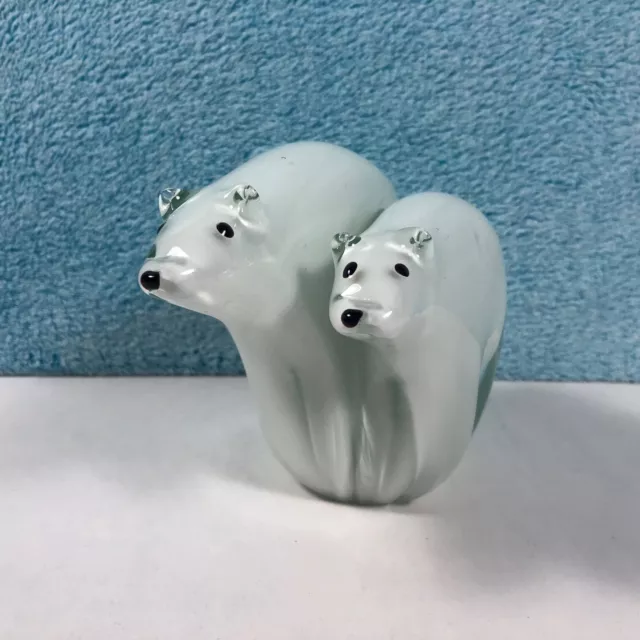 Blown Cased Heavy Art Glass Polar Bear Mama Baby Pair Collectible Paperweight