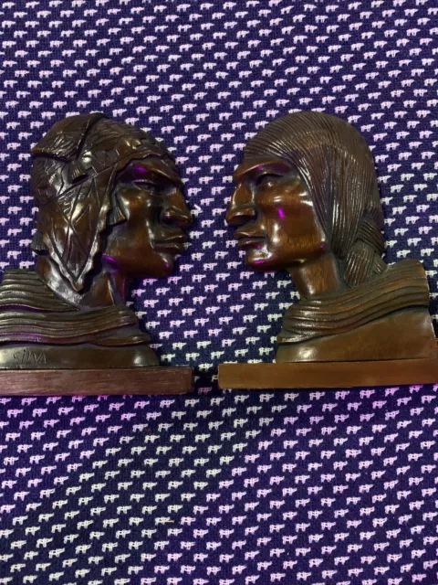 Pair of Silva Art Deco carved hardwood Indian heads 6” Profile Book Ends Wall