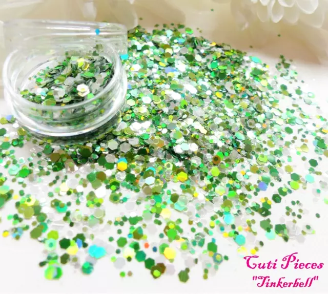 Nail Art Glitter *TinkerBell* Silver Green Holographic 3D Hexagon Chunky Mix Pot