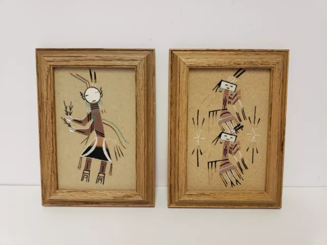 Pair of Vintage Navajo Native American Sand Art Painting Framed 7 1/2" X 5 1/2"