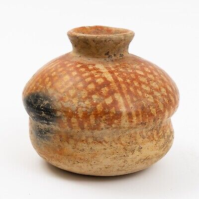Geometric Pre-Columbian Pottery Concave Vessel Lines Red Chorrera 5" x 5.5" Wide