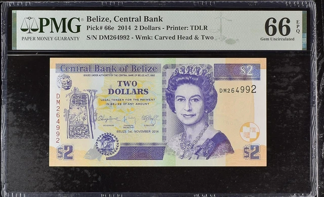Belize 2 Dollars 2014 P 66 e Gem UNC PMG 66 EPQ
