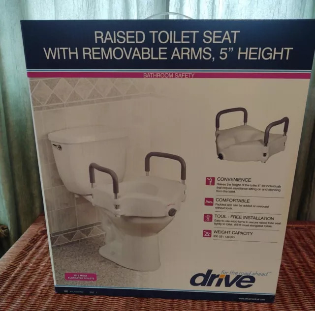 Drive Raised Toilet Seat with Removable Arms 5” Height Fits Elongated RTL12027RA