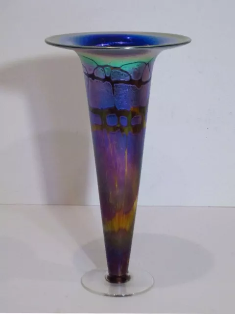 Large 29cm Don Wreford Iridescent Glass Trumpet Vase — Australian Studio Glass