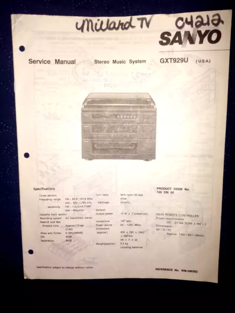 Sanyo Gxt929U Stereo Music System Original Service Manual