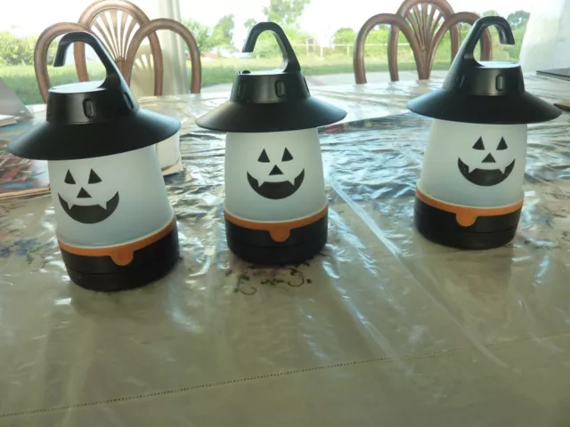 3 Halloween Hanging Jack-O-Lanterns Black Witch Hat 4 AA Battery Op LED Light