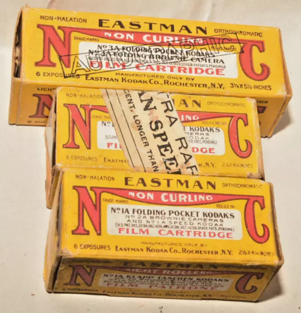 Three Kodak Non-Curling Film Boxes. One From 1915 2 No Date. 1 W/ Spool, 2 Empty