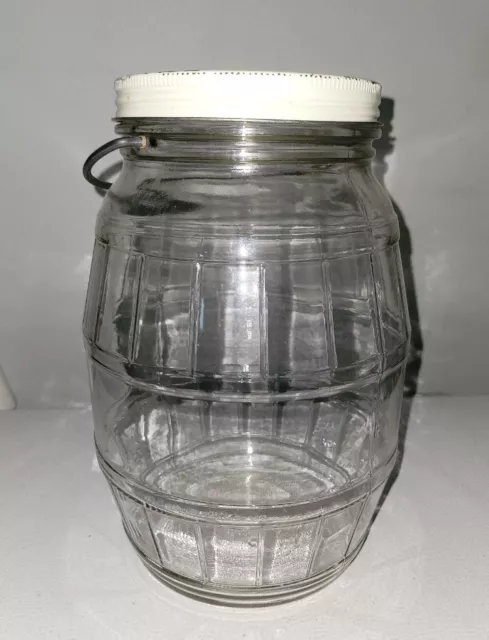 Glass Barrel Jar with Lid Vintage Large Handle Clear Canister 10"