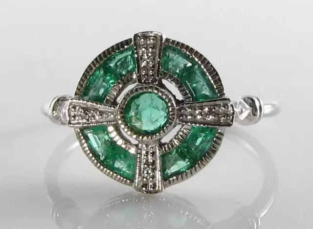9K 9Ct White Gold Emerald Diamond Art Deco Ins Ring Free Resize