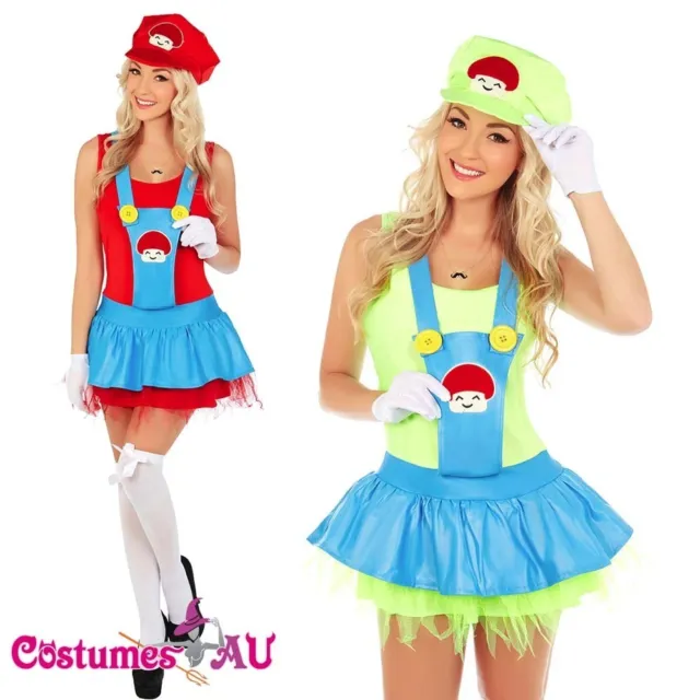 Womens Super Mario Luigi Brothers Plumber Fancy Dress Up Party Costume + gloves